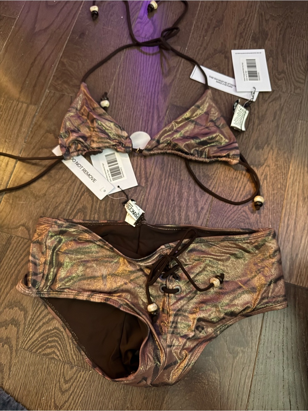 Princess Polly Iridescent Bronze-Pink Metallic Bandeau Bikini Set